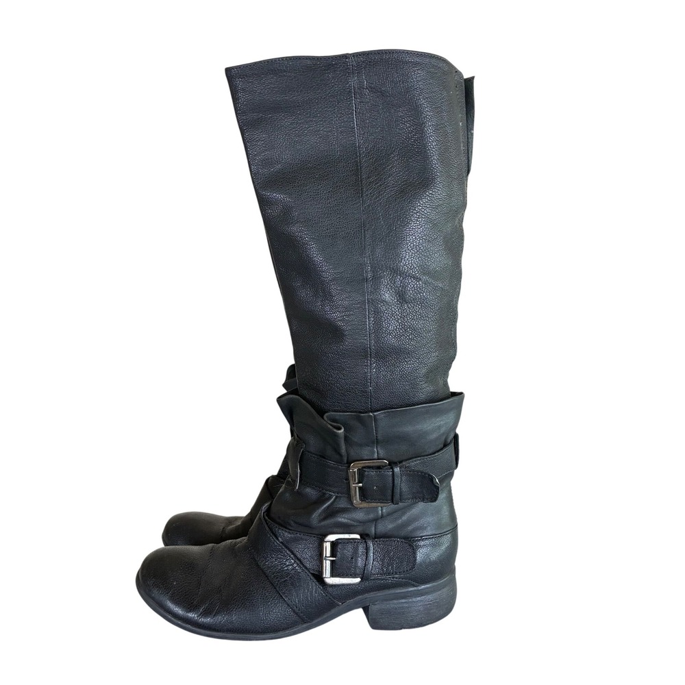 Vtg Genuine Leather Boots Sz 7 Knee High Biker Buckle Tall Slouchy Moto Chunky